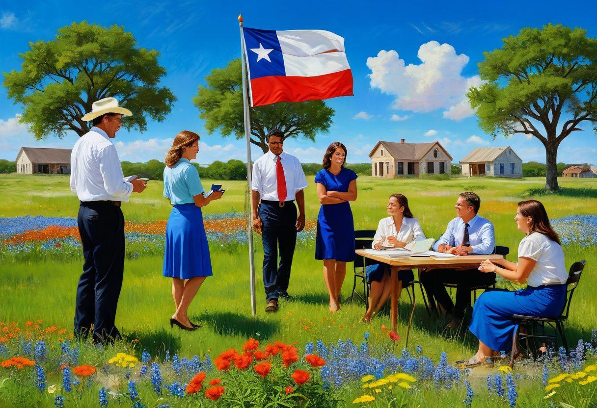 A cheerful Texan landscape with a bright blue sky, featuring a diverse group of happy people engaged with a warm and friendly lawyer in a welcoming outdoor setting. Elements like the Texas flag and legal books symbolizing support and guidance, intertwined with blooming wildflowers to represent growth and joy. The scene is vibrant and inviting, exuding a sense of community and trust. super-realistic. vibrant colors. sunny setting.
