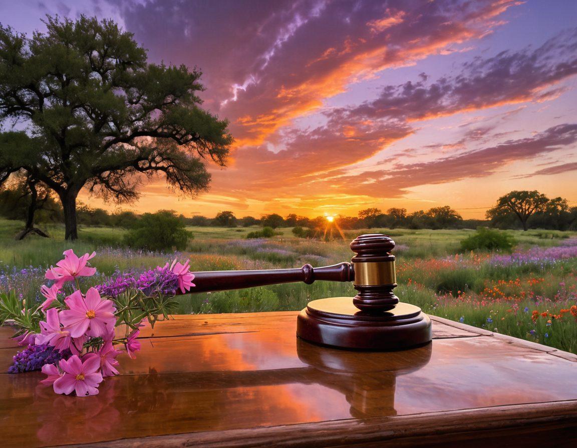 A serene landscape depicting a calm Texas sunset with a lawyer's gavel resting on a table in the foreground. In the background, a silhouette of a confident attorney talking with a client, both appearing relaxed and at ease. Soft flowing river nearby symbolizing peace, surrounded by Texas wildflowers. super-realistic. warm colors. peaceful atmosphere.
