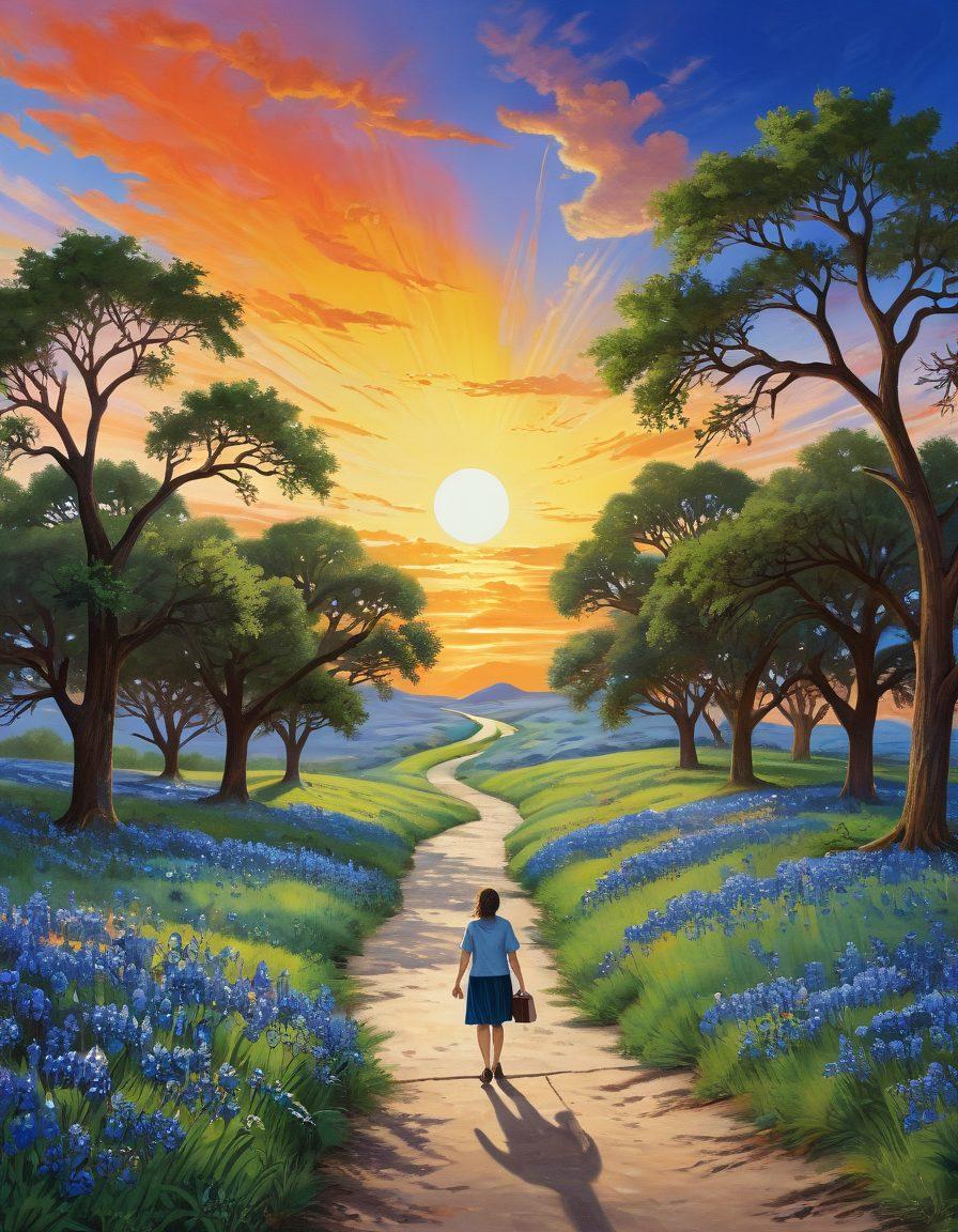 A serene illustration of a person standing at a crossroads in Texas, with one path leading to a chaotic courtroom and the other to a peaceful landscape symbolizing joy and satisfaction. Incorporate elements like balancing scales of justice, a bright sun shining down, and lush greenery to evoke a sense of hope and calmness. Include Texas symbols like bluebonnets and the state flag in the background. painting. vibrant colors. 3D.